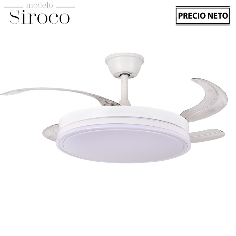 Ventilador Techo C/luz Siroco Blanco 4 Aspas Retráctiles Ø107 Lámpara:ø50cm